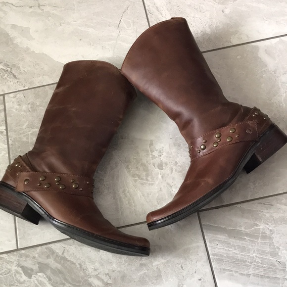 BROWN Leather Studded Strap Mid Calf Boots | Women |  7 - Picture 12 of 16